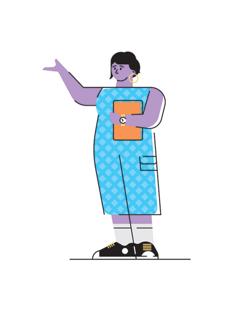  illustration of student standing, holding a book and gesturing with her hand