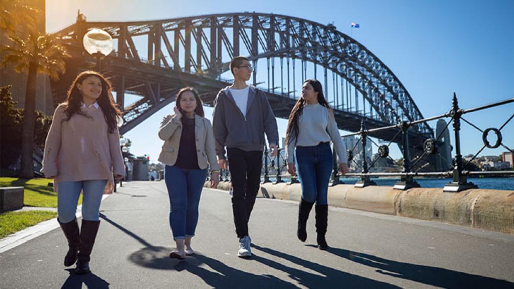 VU Sydney students walking near the Sydney Harbour Bridge. 
