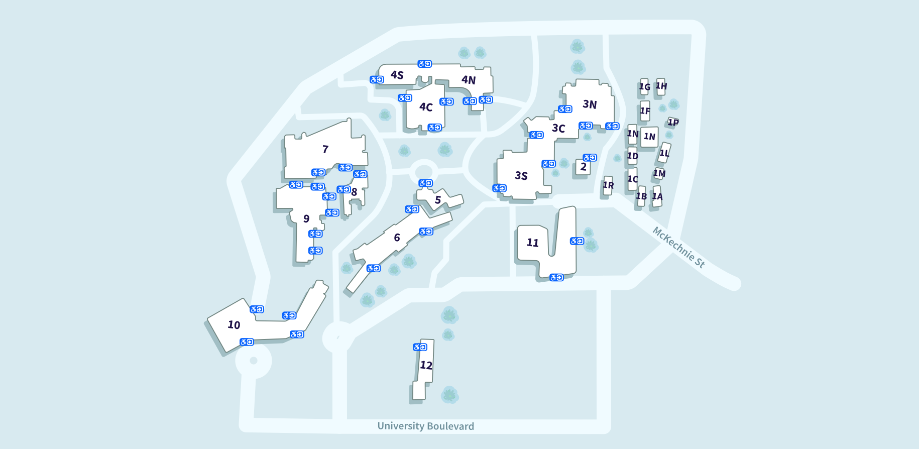 VU St Albans Campus map showing the buildings and their accessible entrances, from lowest number to highest: 1A, 1B, 1C, 1D, 1F, 1G, 1H, 1L, 1M, 1R, 1P, 2, 3S, 3C, 3N, 4S, 4C, 4N, 5, 6, 7, 8, 9, 10, 11. Building 1 has no accessible entrances shown.