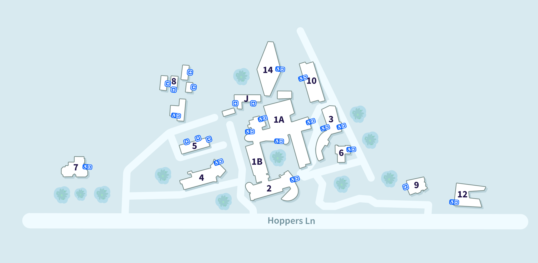 VU Werribee Campus map showing the following buildings and their accessible entrances, from L-R: 7, 8, 5, 4, J, 14, 1B, 2, 1A, 10, 3, 6, 9, 12. Buildings 8, 5, J and 9 have no accessible entrances shown.
